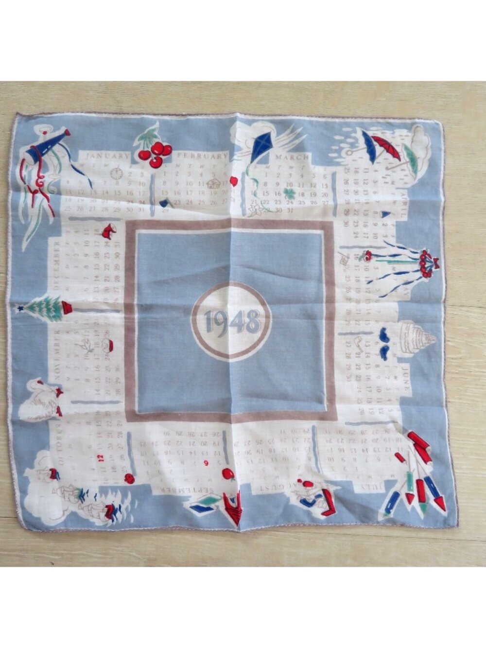 Vintage 1948 Calendar Handkerchief With Seasonal Illustrations